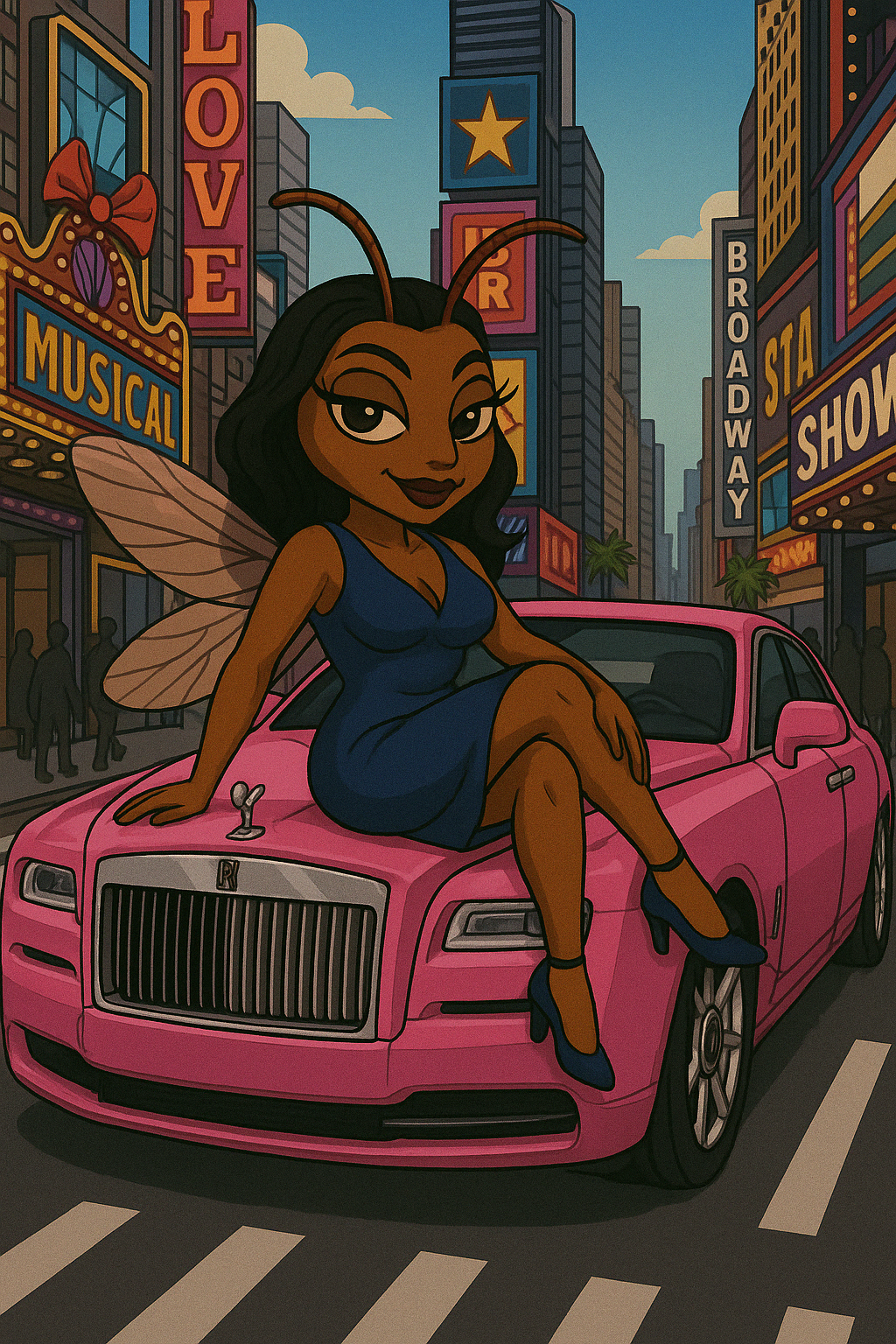 Sucia Beetle driving her pink luxury car